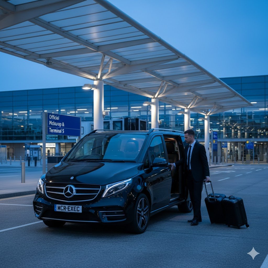 Heathrow Chauffeur Service with black 2025 Mercedes V-Class MPV from MCR-EXEC at Heathrow Airport pickup zone as chauffeur assists passenger with luggage beside MCR-EXEC number plate