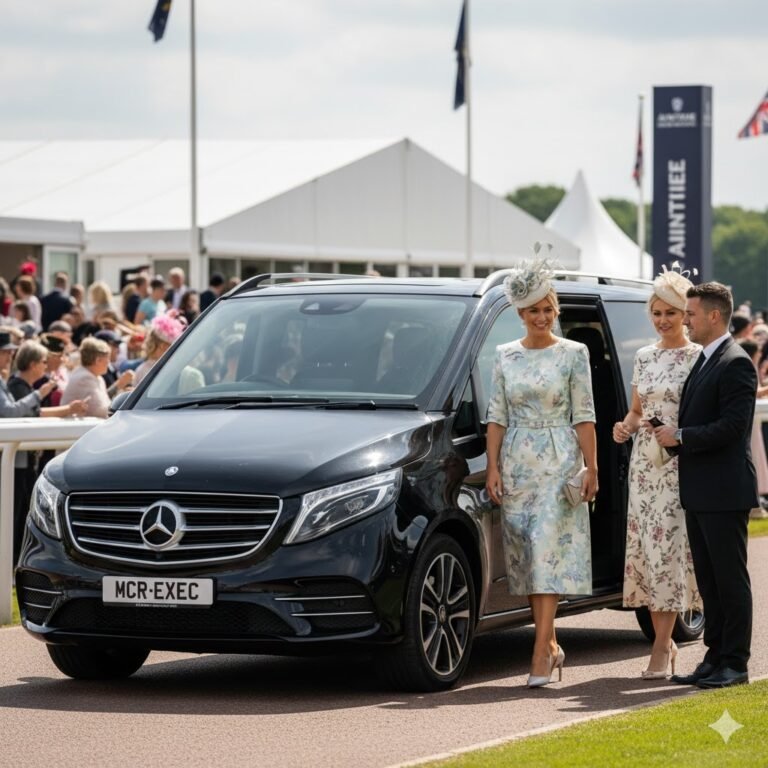 Ladies Day Grand National arrival at Aintree with black 2025 Mercedes V-Class by MCR-EXEC and chauffeur assisting elegantly dressed racegoers.