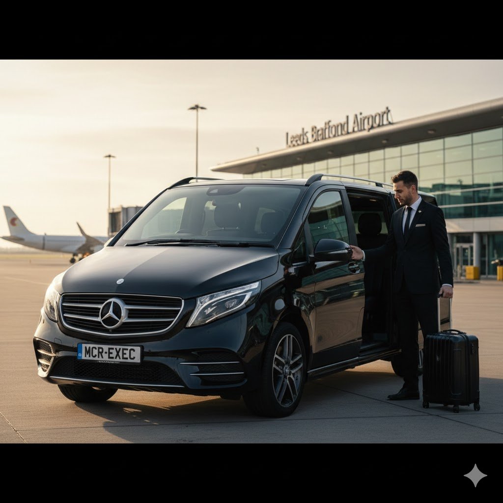 Leeds & Bradford Airport Chauffeur Service – black 2025 Mercedes V-Class executive MPV with MCR EXEC number plate at Leeds Bradford Airport terminal, chauffeur opening door for business passenger.