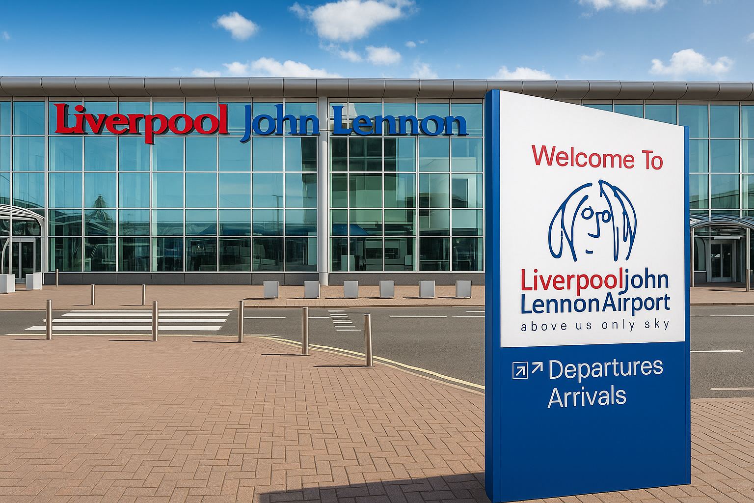 Ultra HD 8K view of Liverpool John Lennon Airport entrance with modern glass facade, red and blue lettering, and a large welcome sign in the foreground showing airport directions. MCR EXEC logo in top right corner.