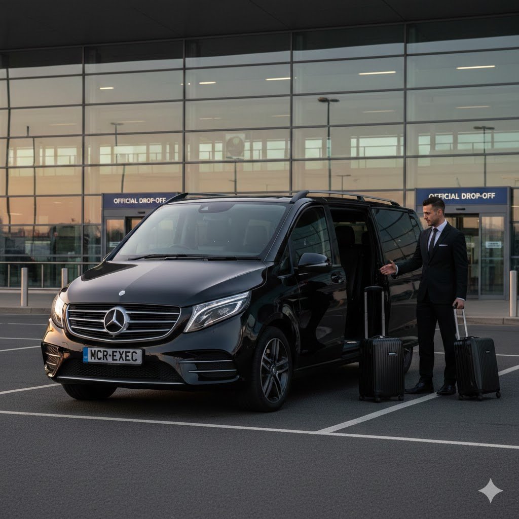 Liverpool Airport Chauffeur Service with black 2025 Mercedes V-Class MPV operated by MCR EXEC parked outside Liverpool John Lennon Airport terminal assisting business passenger with luggage