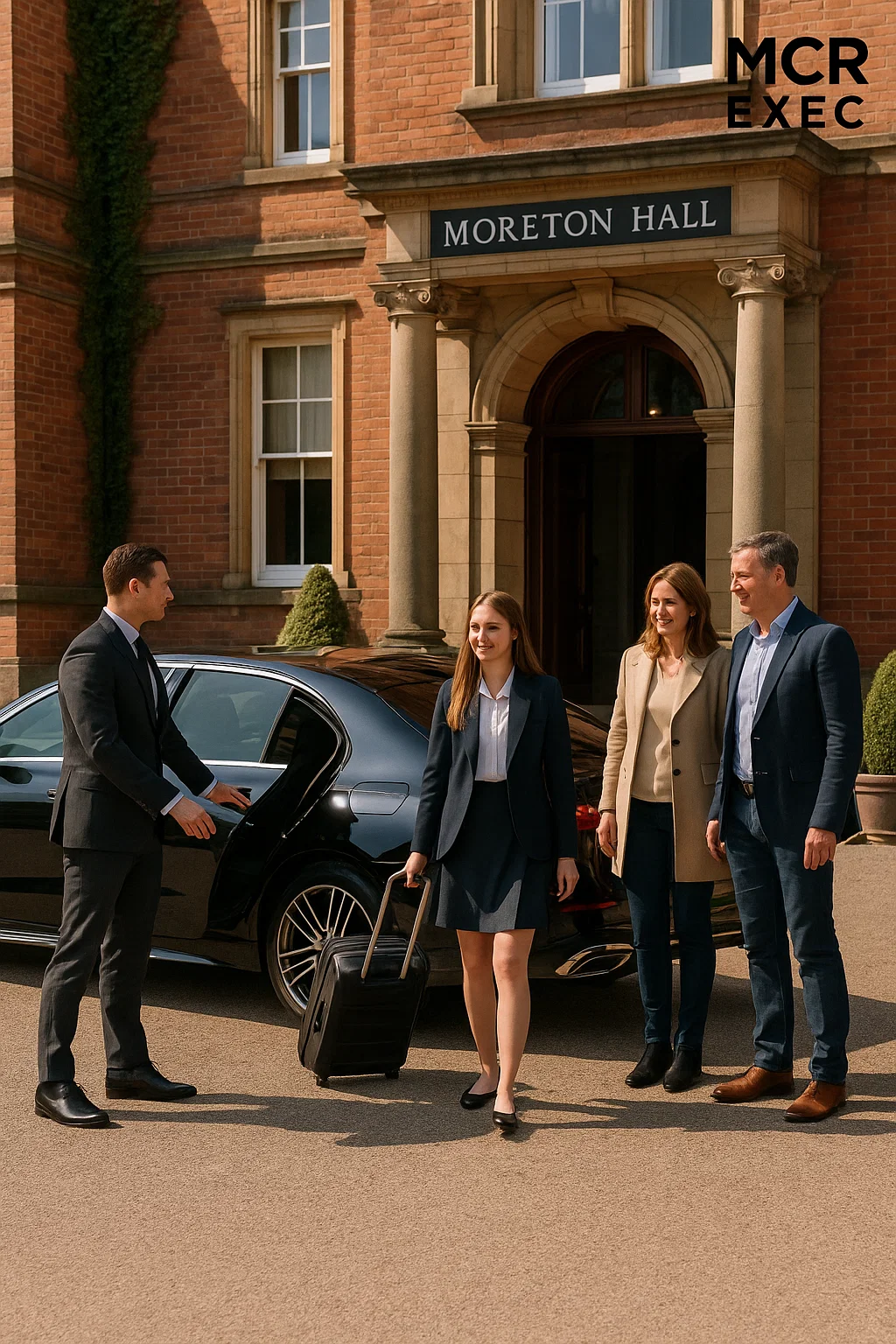 Luxury chauffeur transfer from Manchester Airport to Moreton Hall School with Mercedes S-Class and professional chauffeur opening the door for a student at the school entrance.