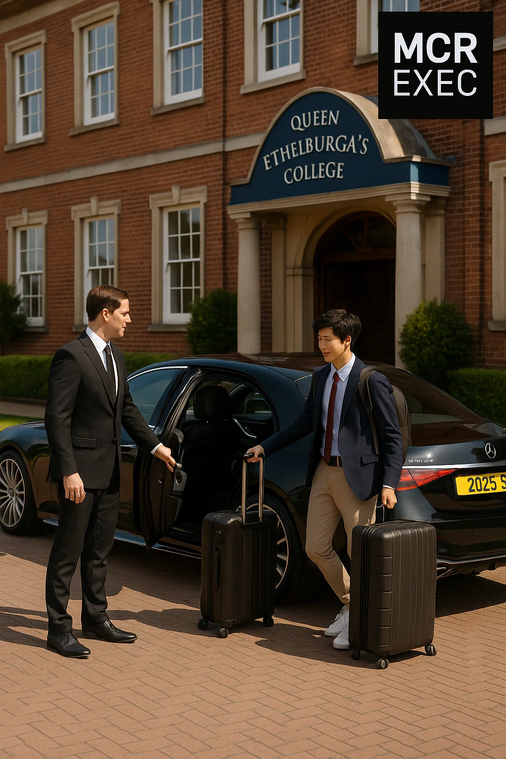 Luxury Manchester Airport to Queen Ethelburga’s College transfer with chauffeur opening Mercedes S-Class door for student outside main entrance.