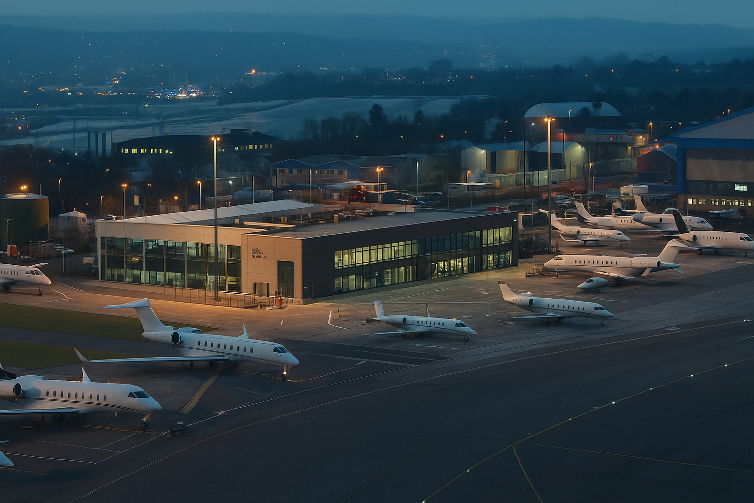 Ultra HD panoramic banner image of multiple private jets parked on the tarmac at a modern FBO terminal in Manchester. The illuminated glass-fronted building stands out against the dusk skyline, with glowing runway lights creating a sense of exclusivity. The image represents the Private Jet Chauffeur Service by MCR EXEC, highlighting seamless luxury ground transport for VIP passengers directly from private aviation facilities.