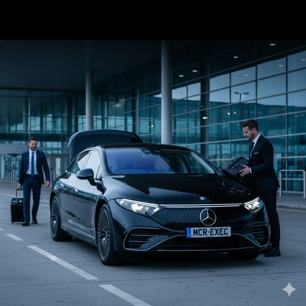 Stansted Airport Chauffeur Service with 2025 black Mercedes EQS at terminal pickup by MCR-EXEC, number plate MCR-EXEC, chauffeur assisting with luggage