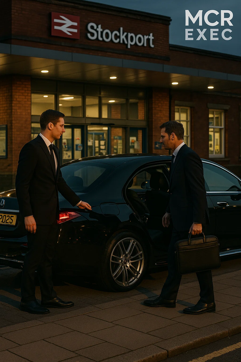 Stockport Train Station chauffeur service with professional driver opening Mercedes S-Class door for business traveller outside station entrance.