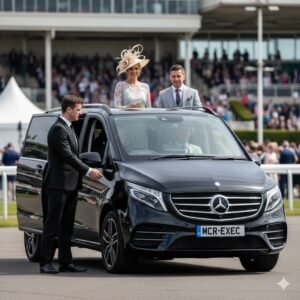 What to Wear to the Grand National race day arrival with black 2025 Mercedes V-Class by MCR-EXEC at Aintree Racecourse.