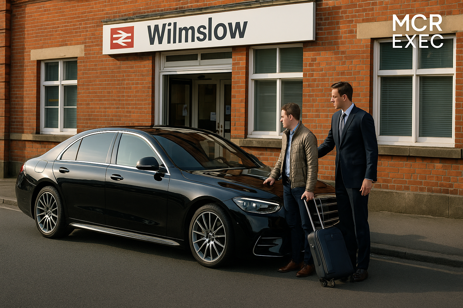 Wilmslow train station chauffeur service with professional driver opening Mercedes S-Class door for traveller outside station entrance.