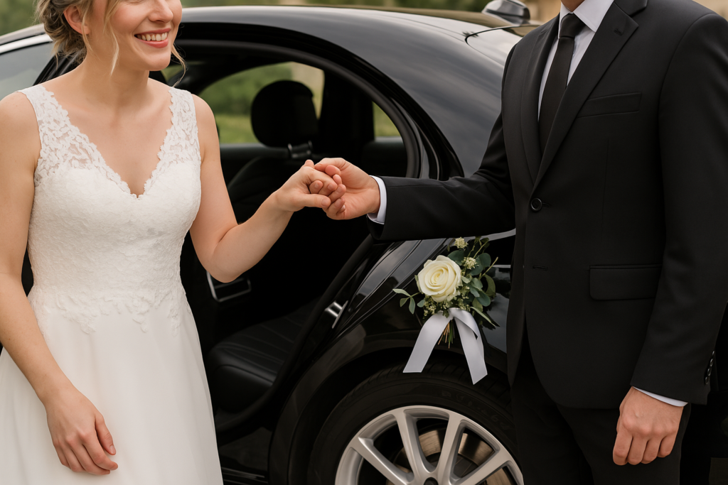 A close-up view of a bride stepping out of a black wedding car, holding the chauffeur’s hand beside a white rose bouquet on the vehicle’s door.
