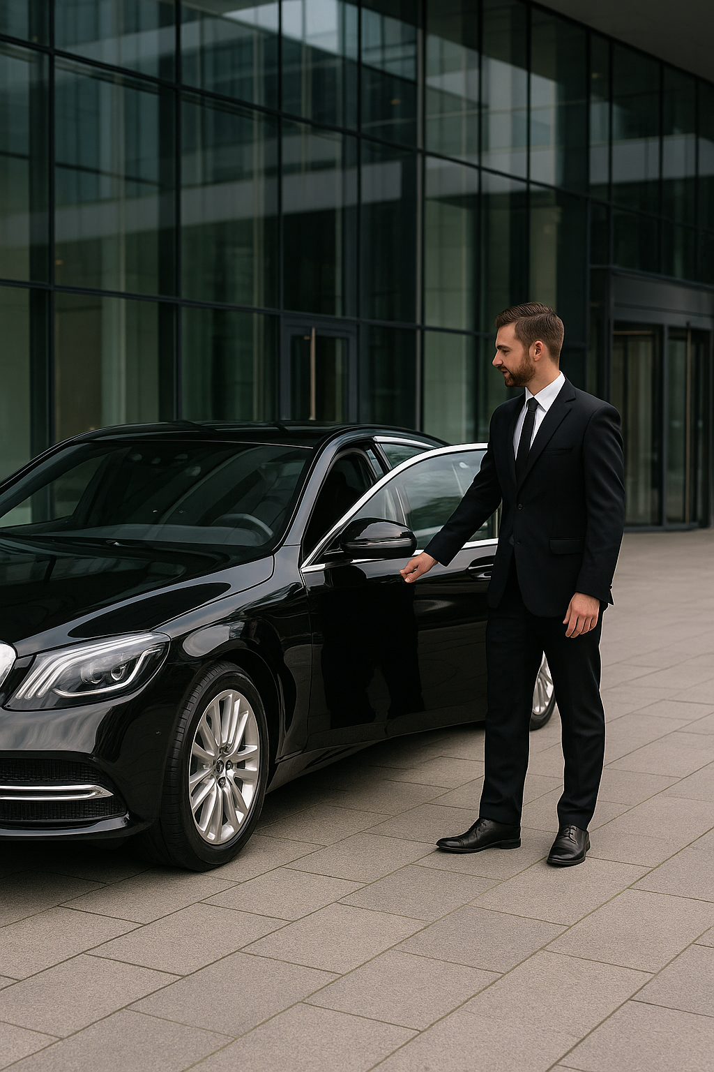 Chauffeur Opening Mercedes-Benz Door Outside Modern Office