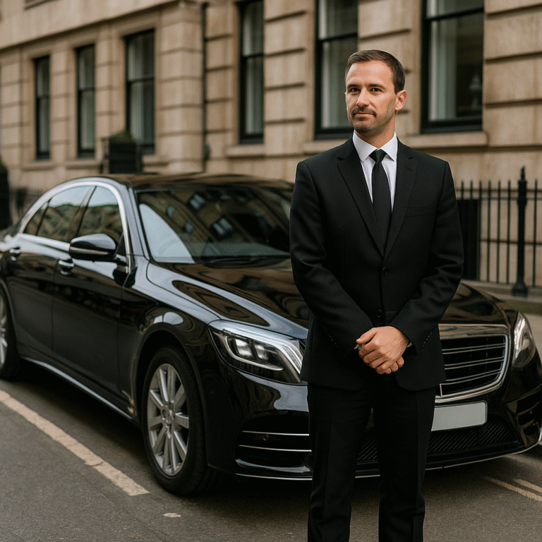 Chauffeur standing beside Mercedes ready for pickup outside Manchester office