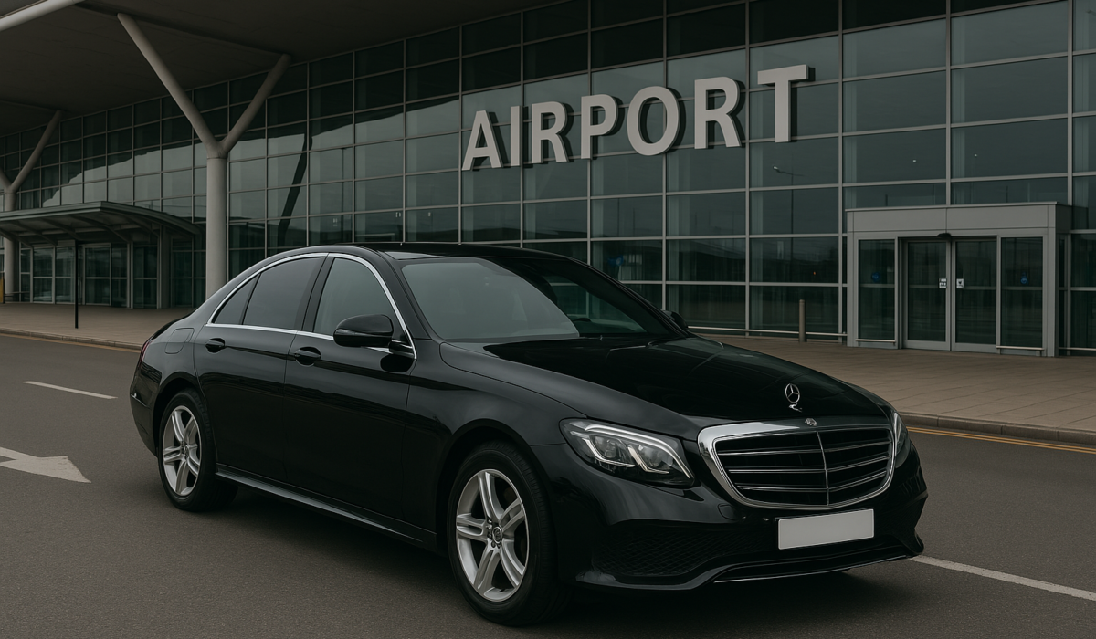 A black 2025 Mercedes S-Class chauffeur vehicle parked outside a modern international airport terminal, positioned for premium airport transfer service. The luxury saloon car is captured in sharp detail on the drop-off lane, reflecting MCR EXEC’s high-end airport chauffeur services in Manchester.