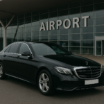 A black 2025 Mercedes S-Class chauffeur vehicle parked outside a modern international airport terminal, positioned for premium airport transfer service. The luxury saloon car is captured in sharp detail on the drop-off lane, reflecting MCR EXEC’s high-end airport chauffeur services in Manchester.