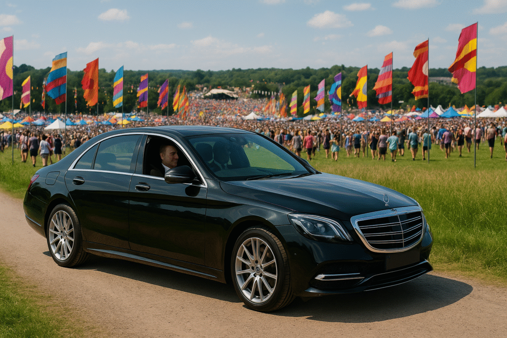 Chauffeur-driven luxury black Mercedes parked beside a colourful UK music festival field.