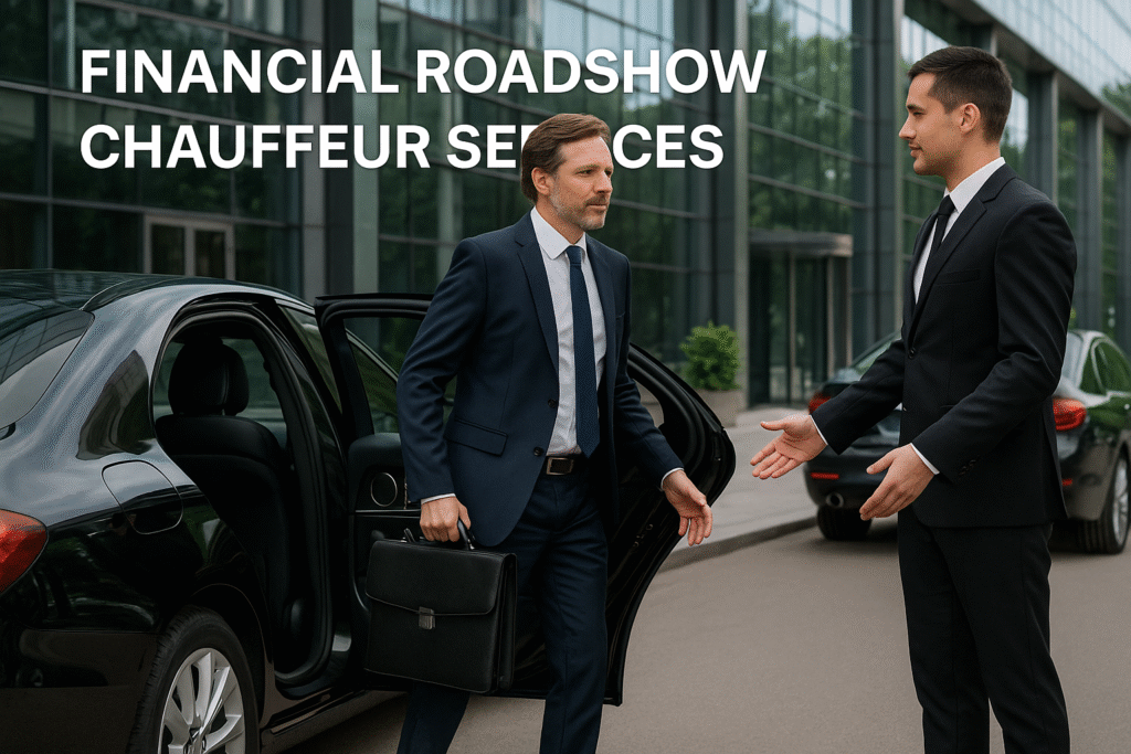 Professional Chauffeur Opening Car Door for Financial Executive Outside Modern Office Building - MCR EXEC