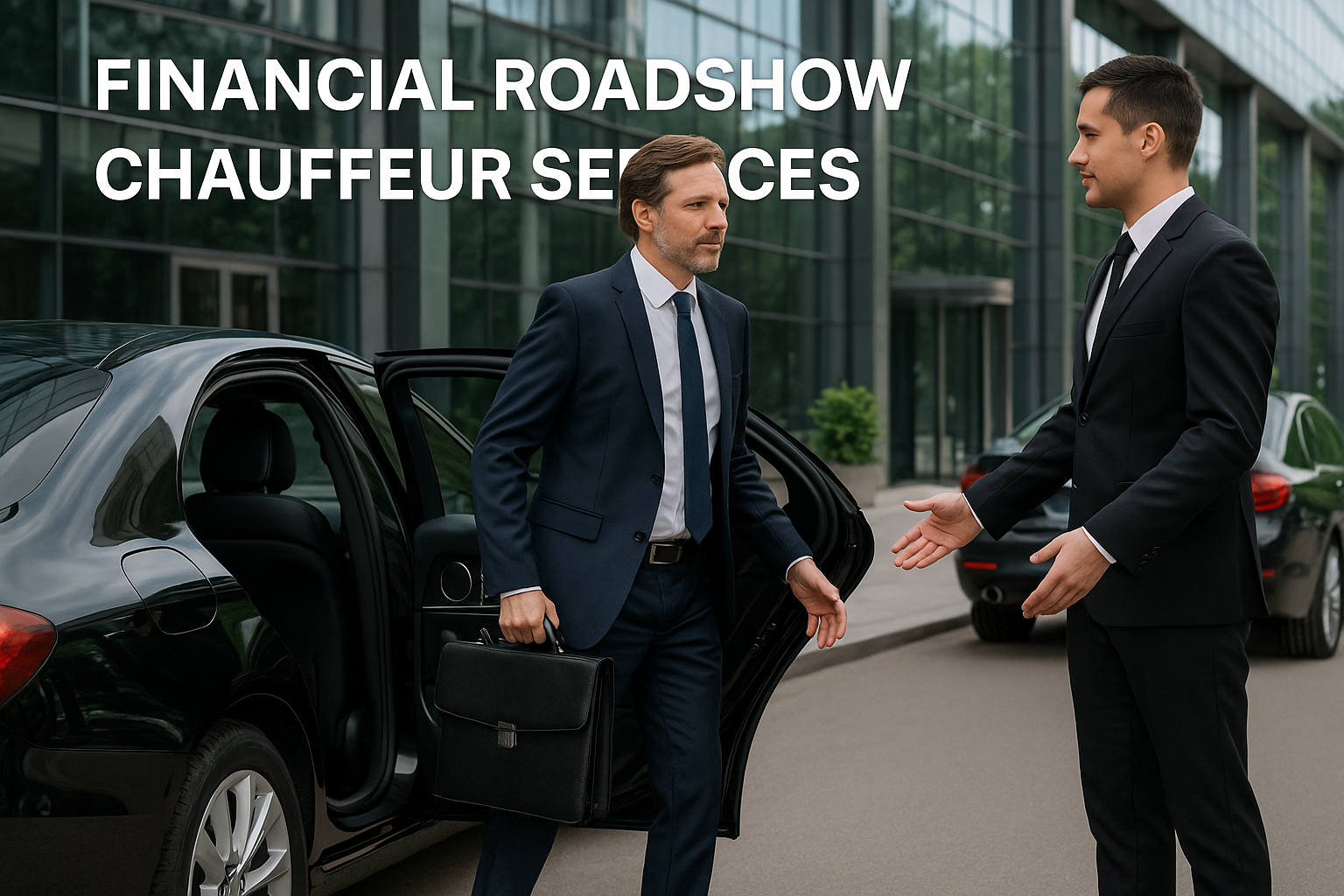Professional Chauffeur Opening Car Door for Financial Executive Outside Modern Office Building - MCR EXEC
