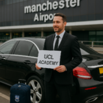 Professional chauffeur at Manchester Airport holding UCL Academy sign for UK School Transfers.