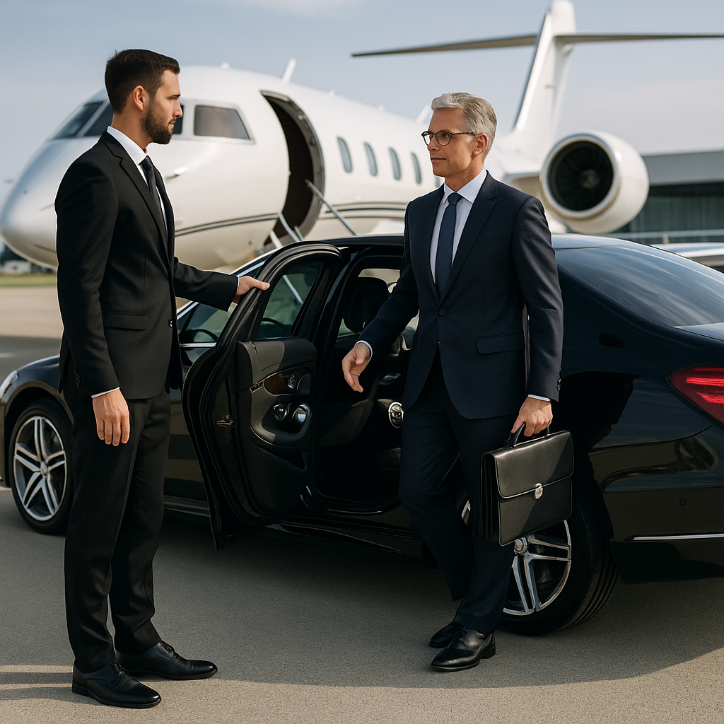 VIP chauffeur assisting executive out of luxury car at private airport