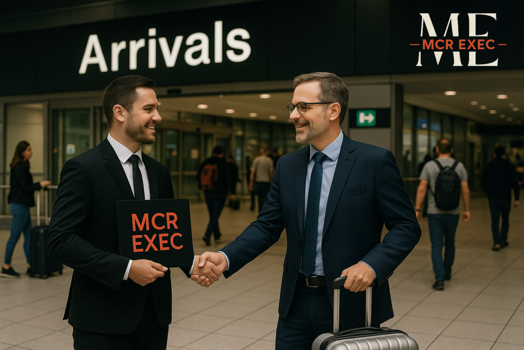 Chauffeur Greeting Client at Manchester Airport Arrivals – MCR EXEC Service Banner