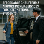 Chauffeur assisting international student with airport pickup outside UK university housing - MCR EXEC