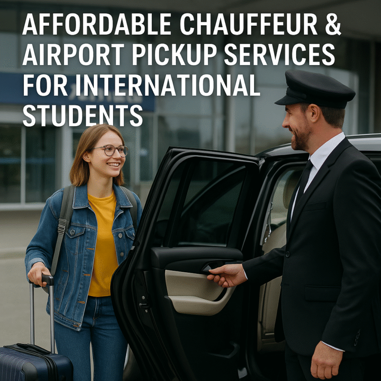 Chauffeur assisting international student with airport pickup outside UK university housing - MCR EXEC