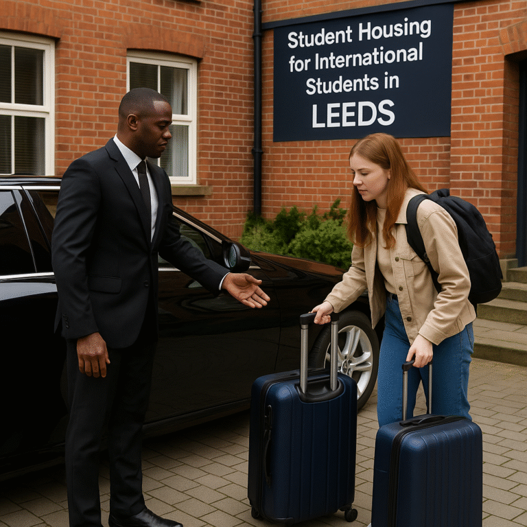 Chauffeur helping international student unload luggage outside student residence in Leeds - MCR EXEC