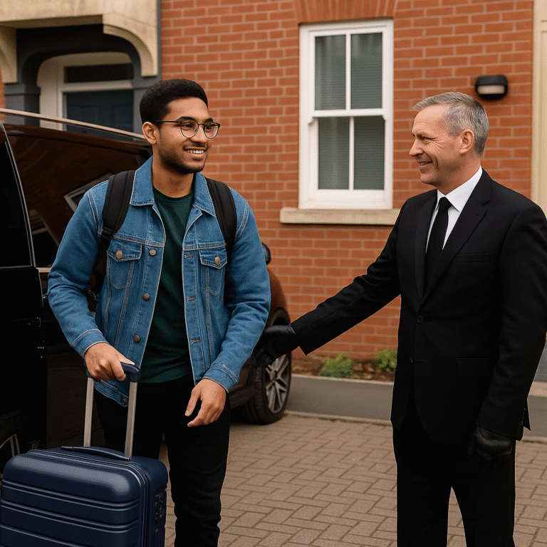 Chauffeur helping international student with luggage outside Lancaster student housing - MCR EXEC