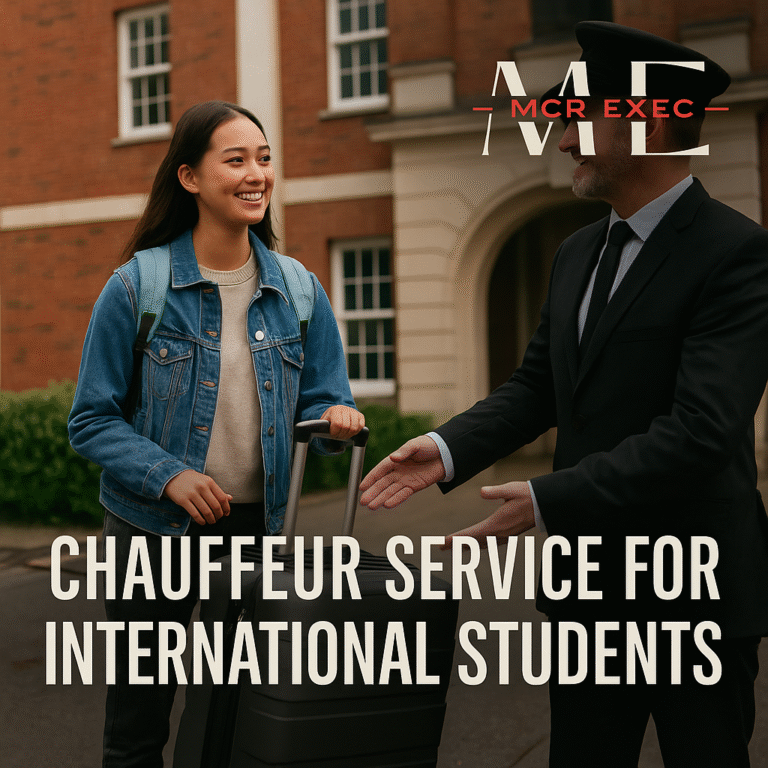 Chauffeur helping international student with luggage outside UK university housing - MCR EXEC