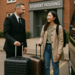 Chauffeur helping international student with luggage outside student housing in Manchester - MCR EXEC