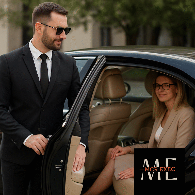 Chauffeur holding door open for client outside luxury hotel