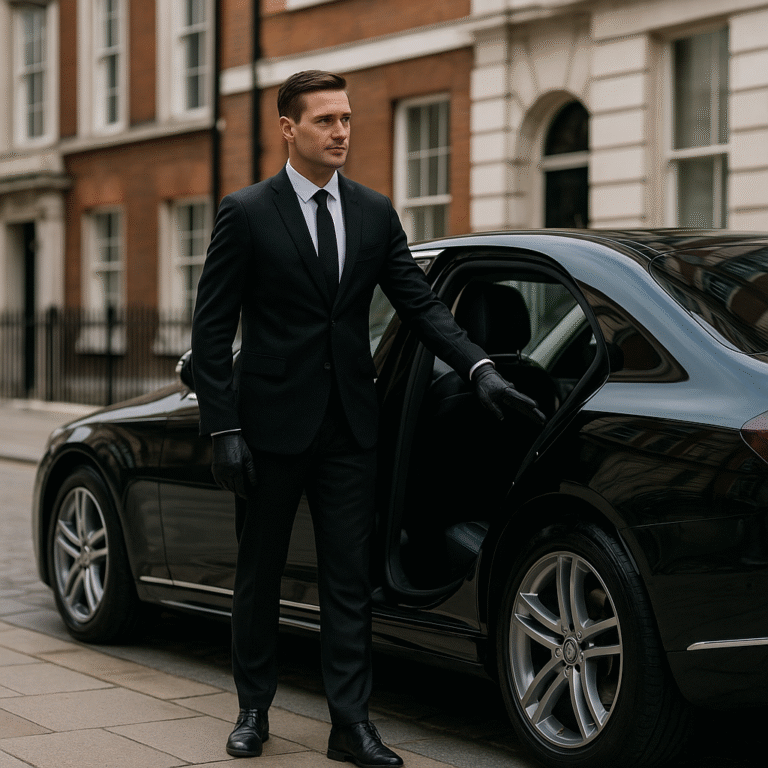 Chauffeur opening Mercedes-Benz door outside Manchester townhouse