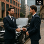 Chauffeur receiving tip from client beside Mercedes-Benz - MCR EXEC