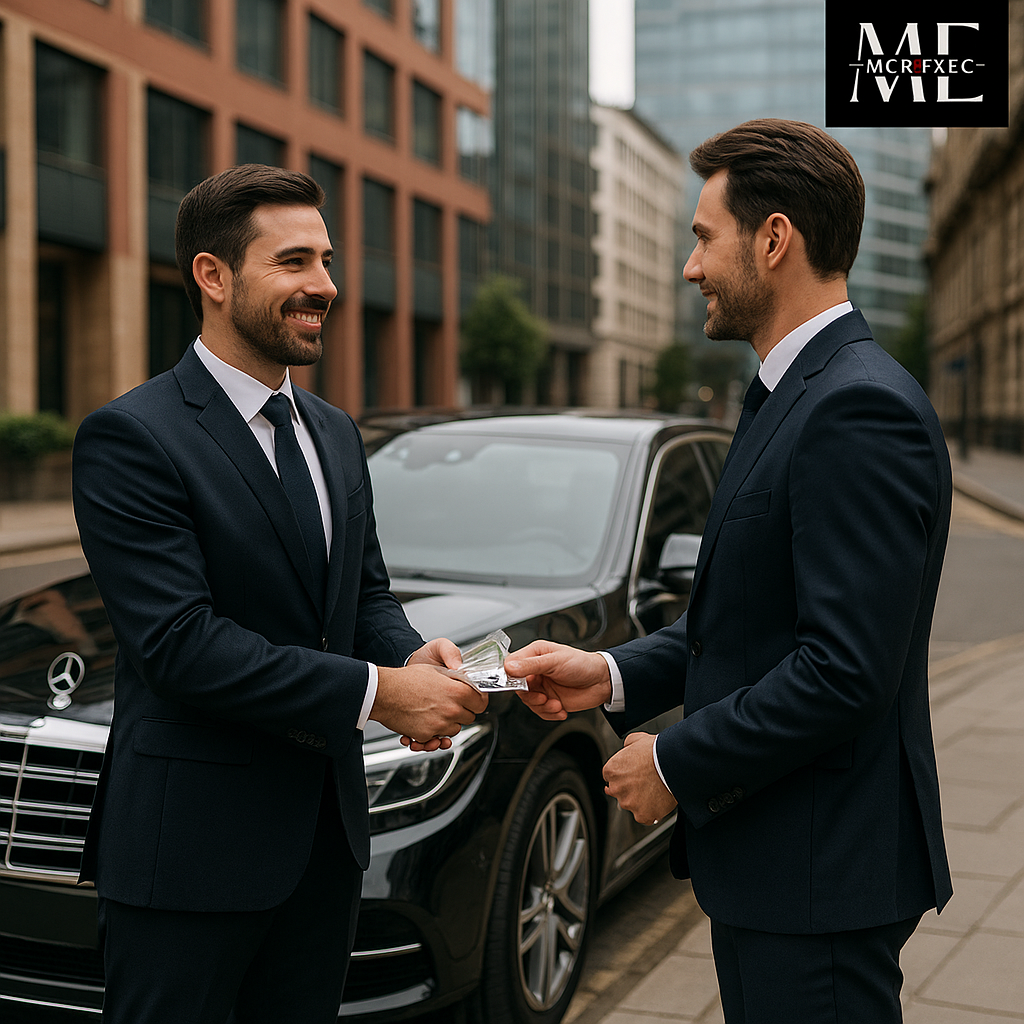 Chauffeur receiving tip from client beside Mercedes-Benz - MCR EXEC