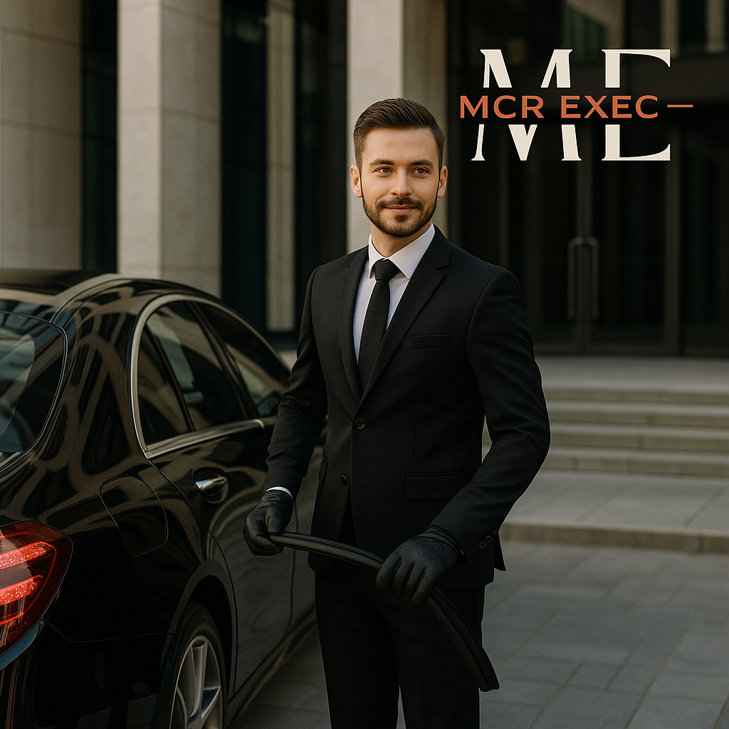 Chauffeur standing beside black Mercedes ready to assist