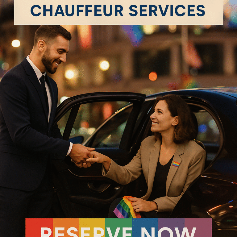 Chauffeur welcoming Pride attendee to executive car at Manchester Pride 2025 - MCR EXEC
