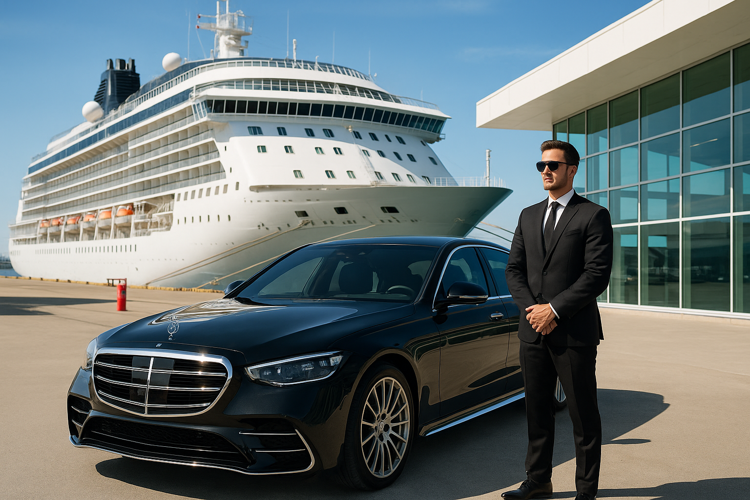 Luxury Chauffeur Beside Mercedes S-Class at Cruise Port