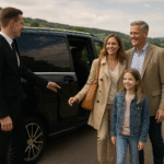 Private chauffeur opening a luxury car door in scenic countryside - MCR EXEC