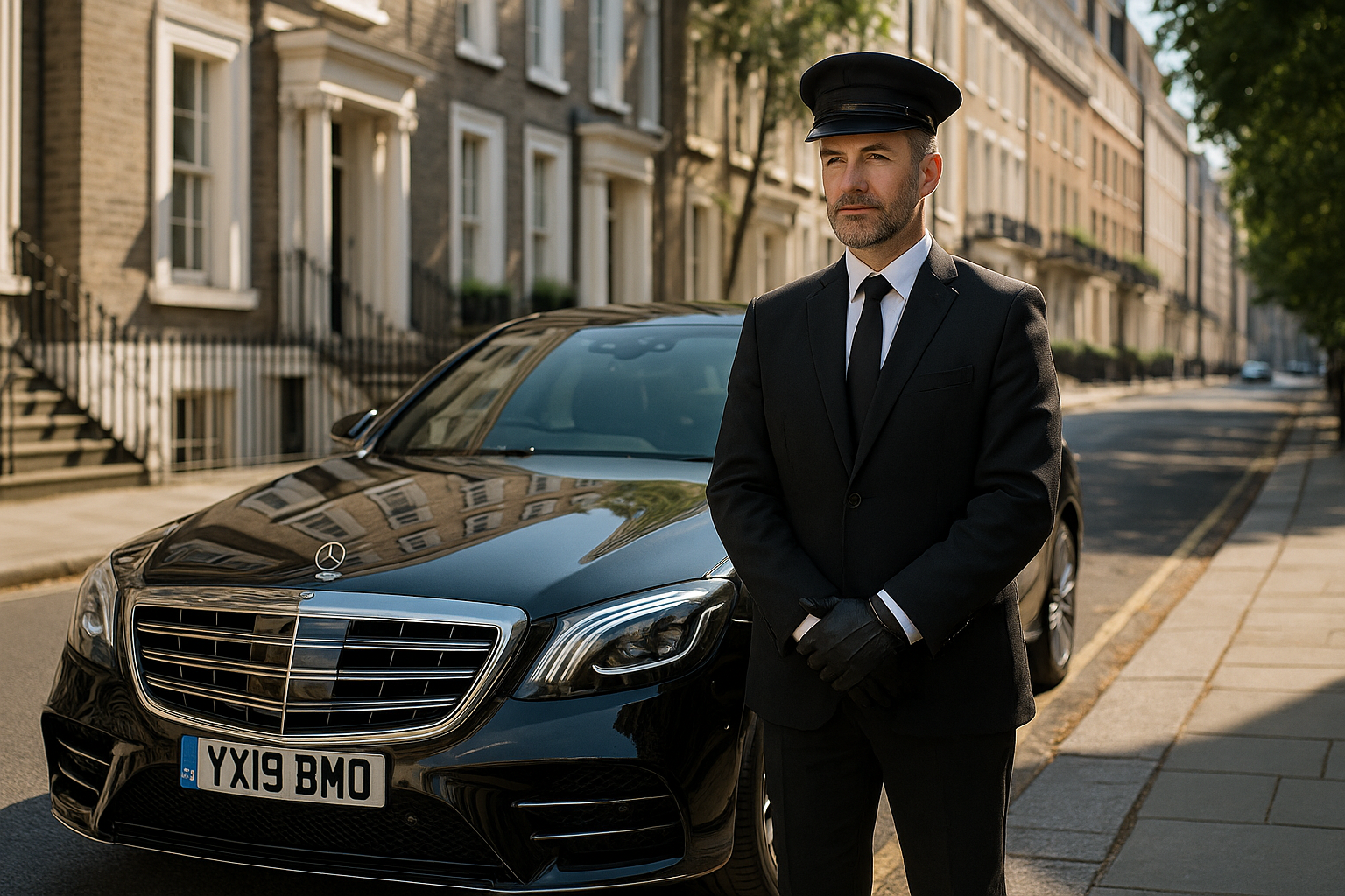 Private chauffeur standing by black Mercedes in upscale Manchester neighbourhood