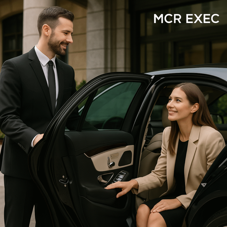 Professional Chauffeur Opening Mercedes Door in UK City - MCR EXEC