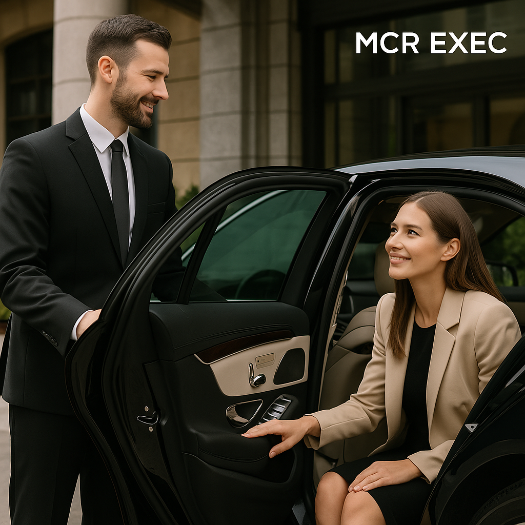 Professional Chauffeur Opening Mercedes Door in UK City - MCR EXEC