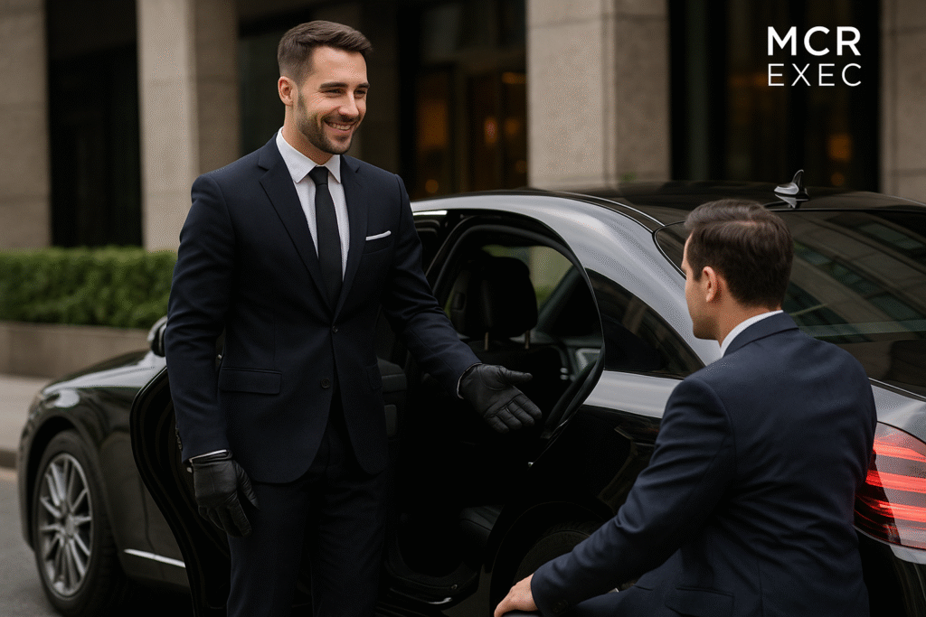 Professional chauffeur assisting client into black Mercedes-Benz - MCR EXEC