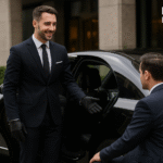 Professional chauffeur assisting client into black Mercedes-Benz - MCR EXEC