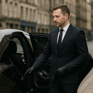 Professional chauffeur opening luxury vehicle door in Manchester