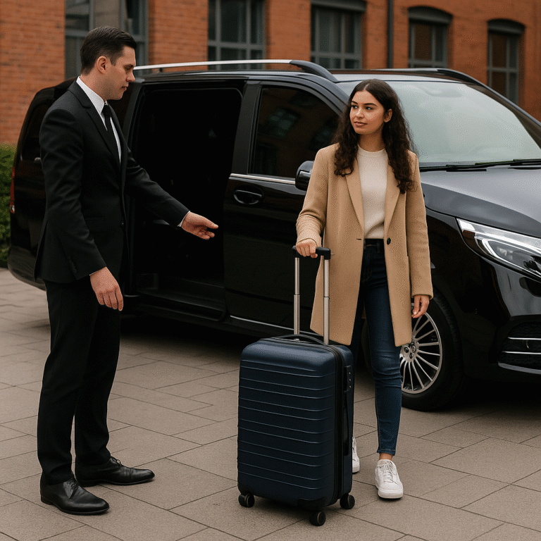 Professional chauffeur opening luxury vehicle door in Manchester for International Students - MCR EXEC