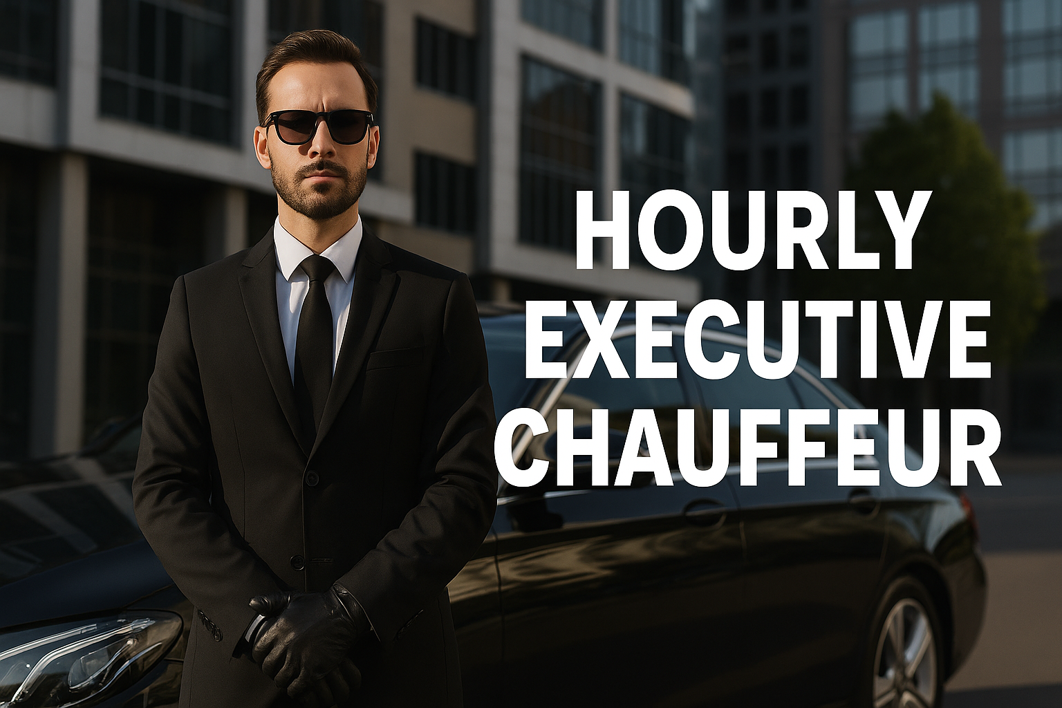 Hourly executive chauffeur service in the UK featuring a professional MCR-EXEC chauffeur in a black suit standing beside a black Mercedes S-Class luxury vehicle with MCR-EXEC number plate, representing premium hourly chauffeur hire for corporate and VIP travel.