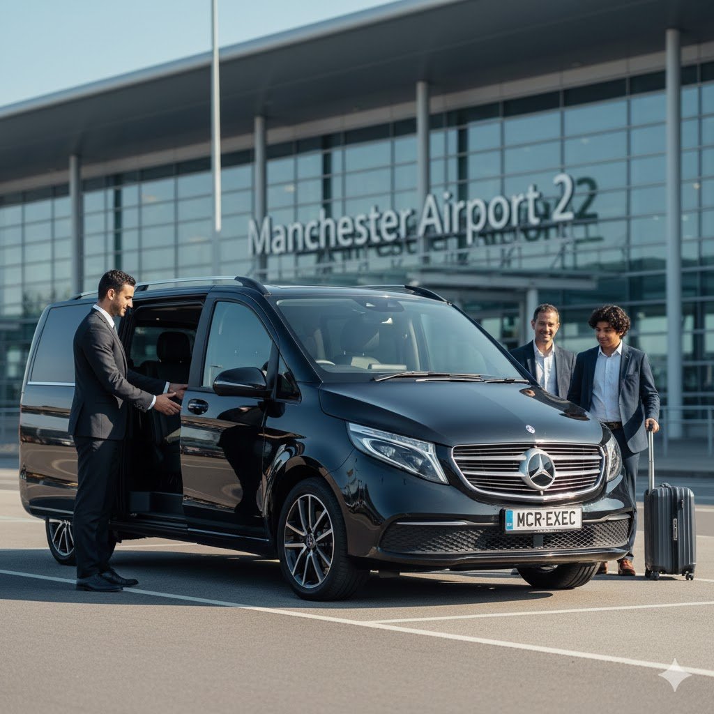Boarding School & College Transfers from Manchester Airport in a 2025 black Mercedes V-Class MPV by MCR EXEC, chauffeur assisting international student with luggage outside Terminal 2.