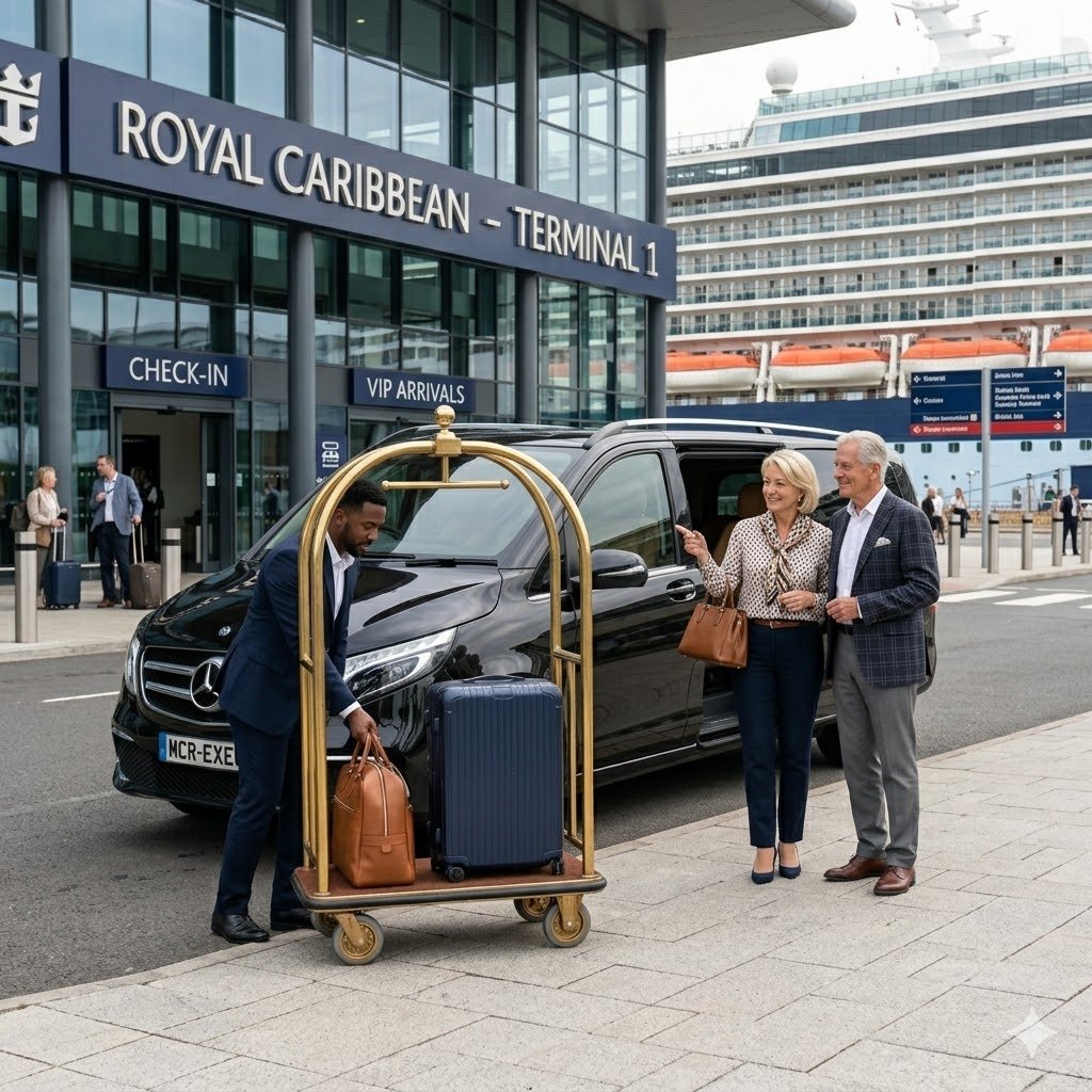 Chester Cruise Port Chauffeur Service black Mercedes V-Class MCR-EXEC number plate assisting a mature couple with luggage at a UK cruise terminal