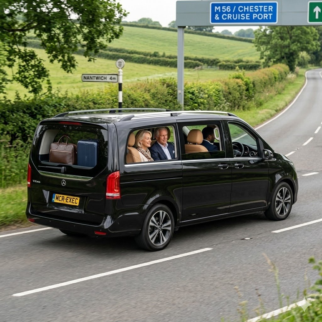 Chester Cruise Port Chauffeur Service mid-journey scene with a black Mercedes V-Class and MCR EXEC number plate travelling along a scenic Cheshire route, carrying a mature couple in comfort on their private cruise port transfer.