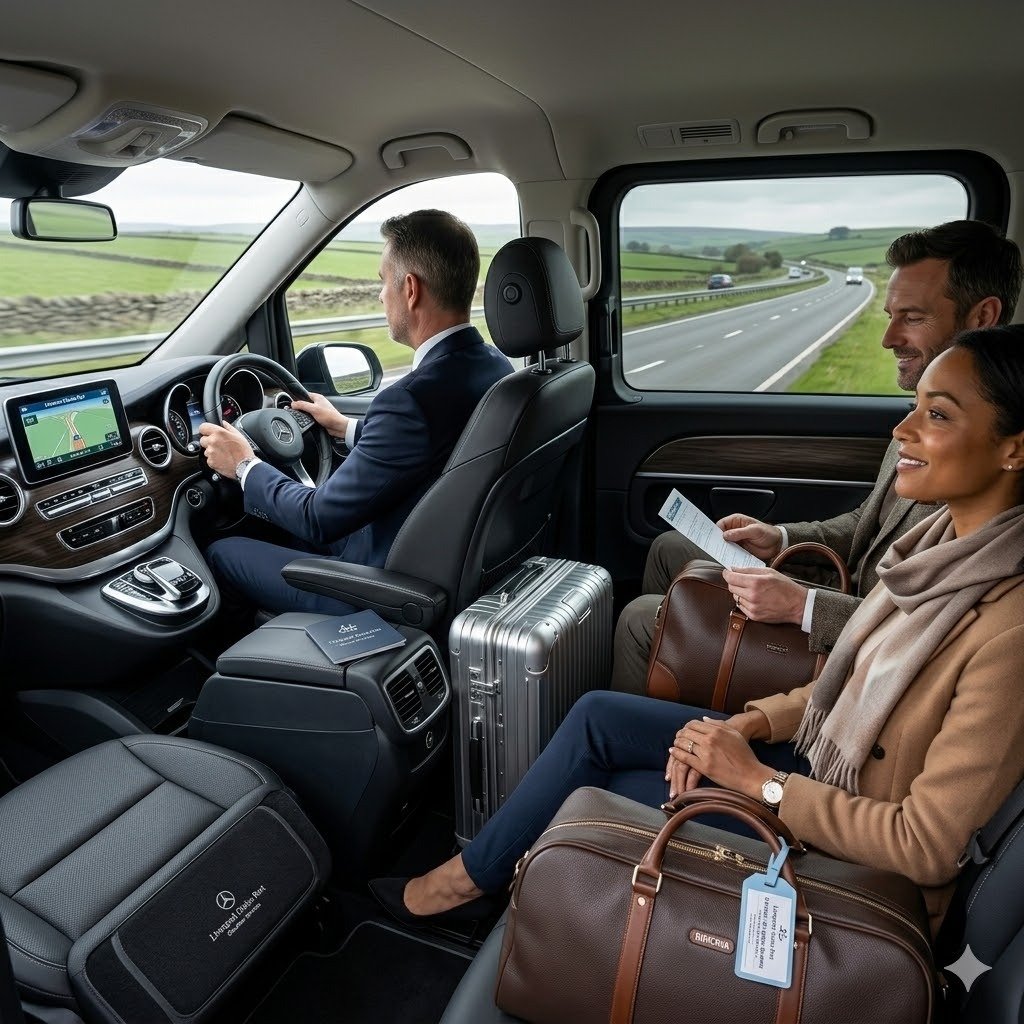 Liverpool Cruise Port Chauffeur Services with a black Mercedes V-Class by MCR EXEC during comfortable long-distance travel to the cruise terminal