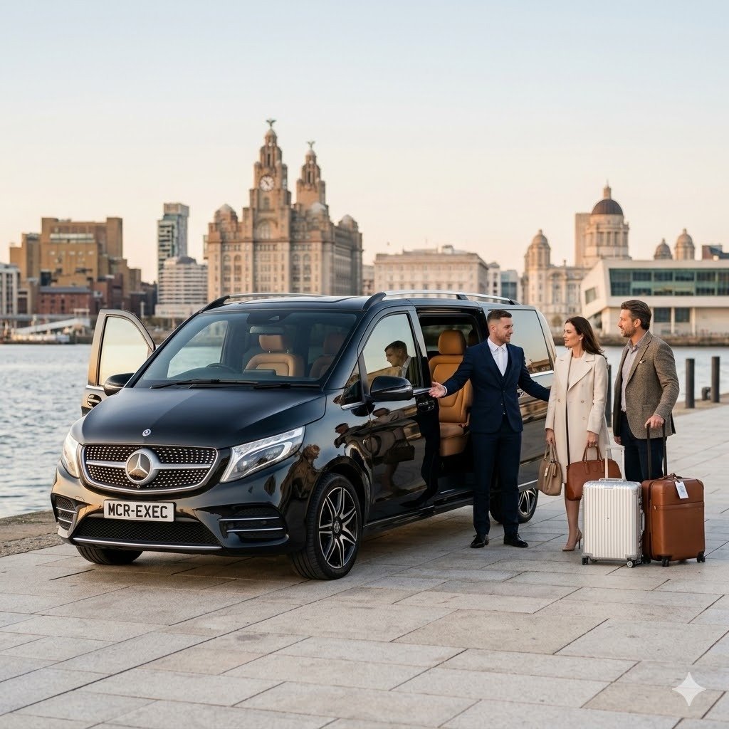MCR EXEC Mercedes V-Class chauffeur collection beside Liverpool waterfront